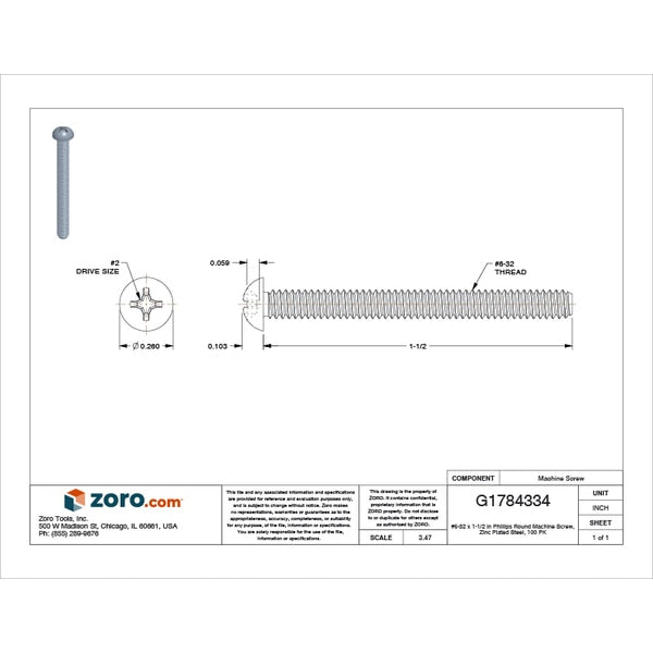 #6-32 x 1-1/2 in Phillips Round Machine Screw, Zinc Plated Steel, 100 PK