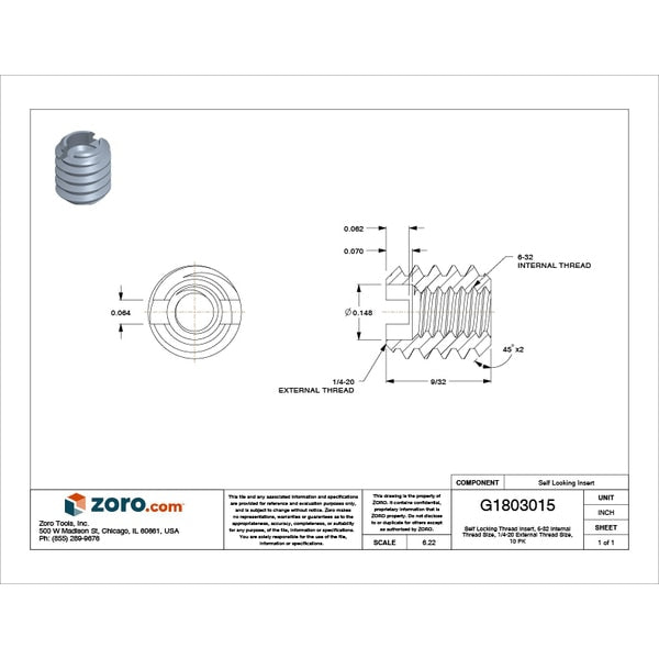 Heavy Wall Self Locking Thread Insert, #6-32 Int Thrd Sz, Carbon Steel, 10 PK