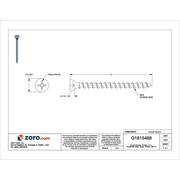 Drywall Screw, #6 x 2 in, Steel, Bugle Head Phillips Drive, 200 PK