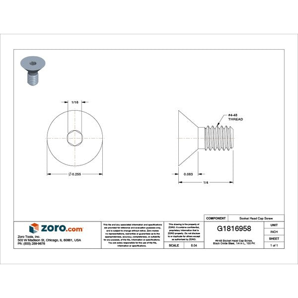#4-48 Socket Head Cap Screw, Black Oxide Steel, 1/4 in Length, 100 PK