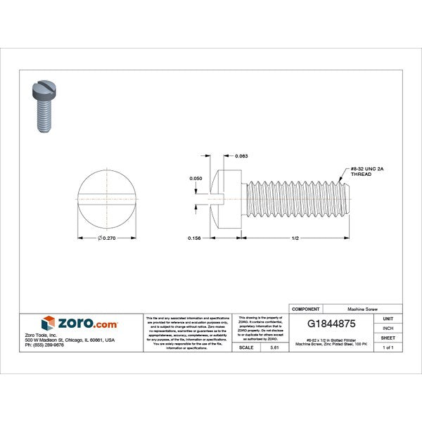 #8-32 x 1/2 in Slotted Fillister Machine Screw, Zinc Plated Steel, 100 PK