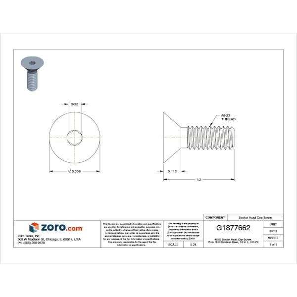 #8-32 Socket Head Cap Screw, Plain 18-8 Stainless Steel, 1/2 in Length, 100 PK