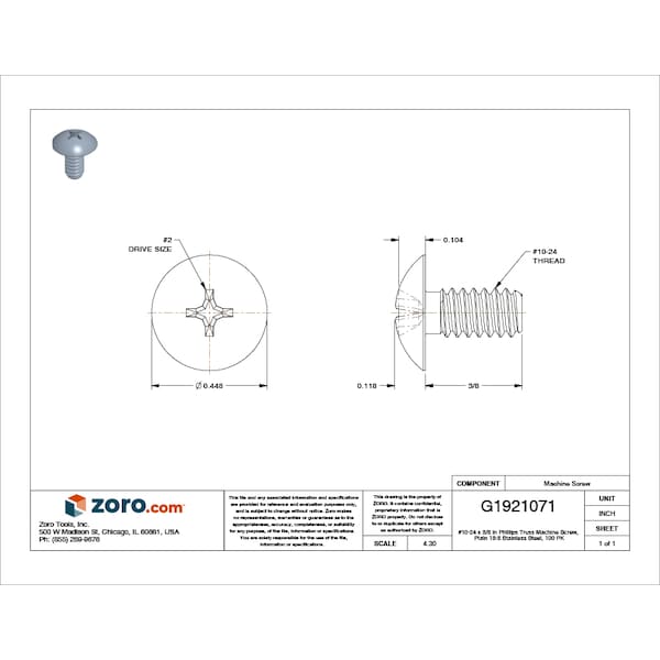 #10-24 x 3/8 in Phillips Truss Machine Screw, Plain 18-8 Stainless Steel, 100 PK