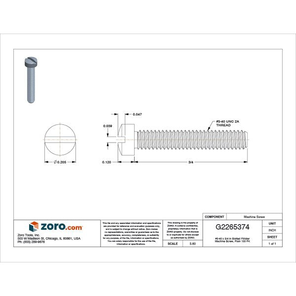 #5-40 x 3/4 in Slotted Fillister Machine Screw, Plain Stainless Steel, 100 PK
