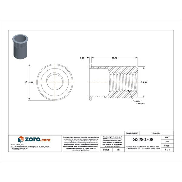 Rivet Nut, M6-1.00 Thread Size, 110.56 mm Flange Dia., 14.73 mm L, Steel, 25 PK