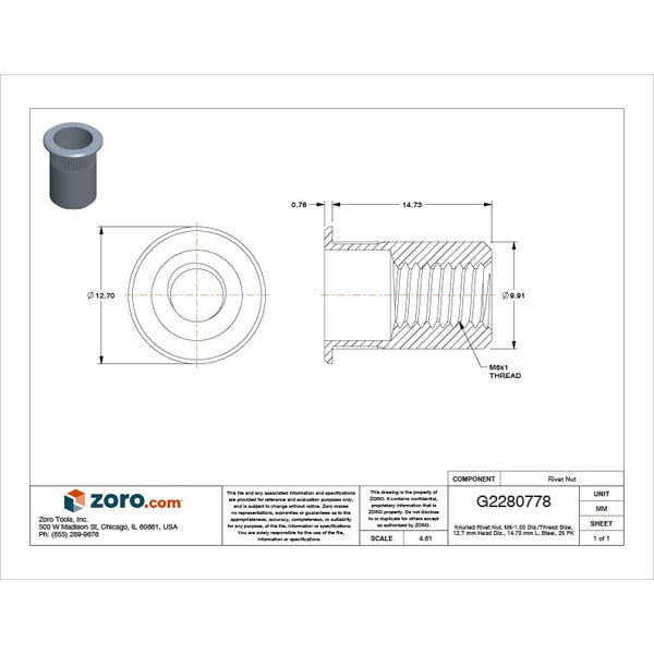 Rivet Nut, M6-1.00 Thread Size, 120.7 mm Flange Dia., 14.73 mm L, Steel, 25 PK