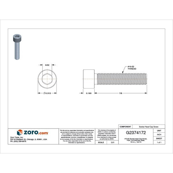 #10-32 Socket Head Cap Screw, Plain 18-8 Stainless Steel, 7/8 in Length, 100 PK