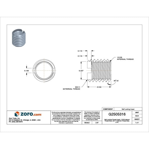 Thin Wall Self Locking Thread Insert, 1/2