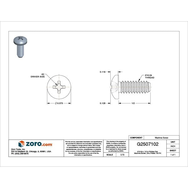 #10-24 x 1/2 in Phillips Pan Machine Screw, Zinc Plated Steel, 100 PK