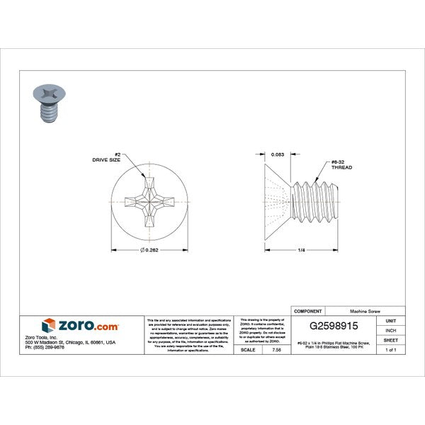 #6-32 x 1/4 in Phillips Flat Machine Screw, Plain 18-8 Stainless Steel, 100 PK