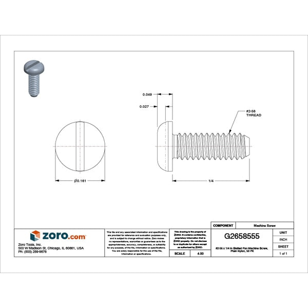 #2-56 x 1/4 in Slotted Pan Machine Screw, Plain Nylon, 50 PK