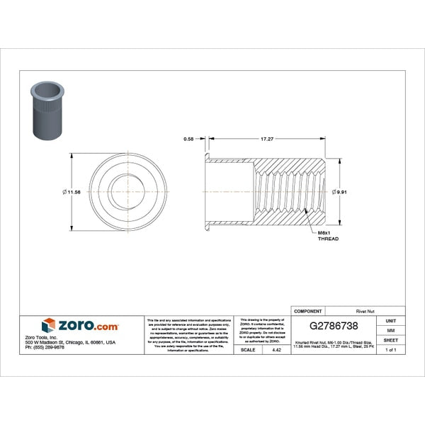 Rivet Nut, M6-1.00 Thread Size, 110.56 mm Flange Dia., 17.27 mm L, Steel, 25 PK