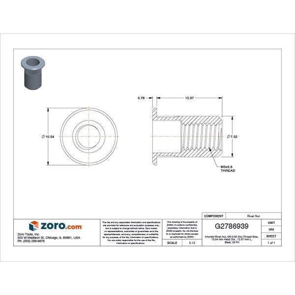 Rivet Nut, M5-0.80 Thread Size, 10.54 mm Flange Dia., 12.07 mm L, Steel, 25 PK