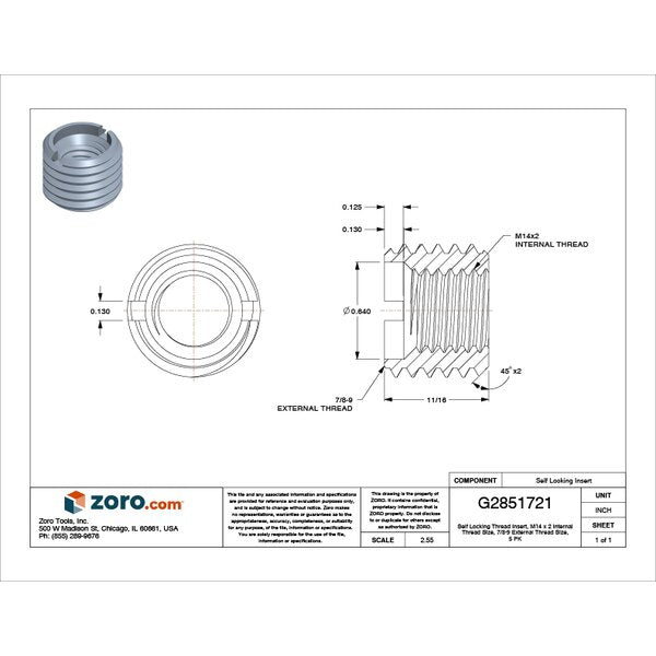 Heavy Wall Self Locking Thread Insert, M14-2.00 Int Thrd Sz, Carbon Steel, 5 PK