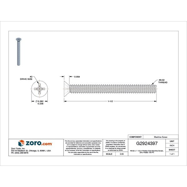 #6-32 x 1-1/2 in Phillips Flat Machine Screw, Zinc Plated Steel, 100 PK