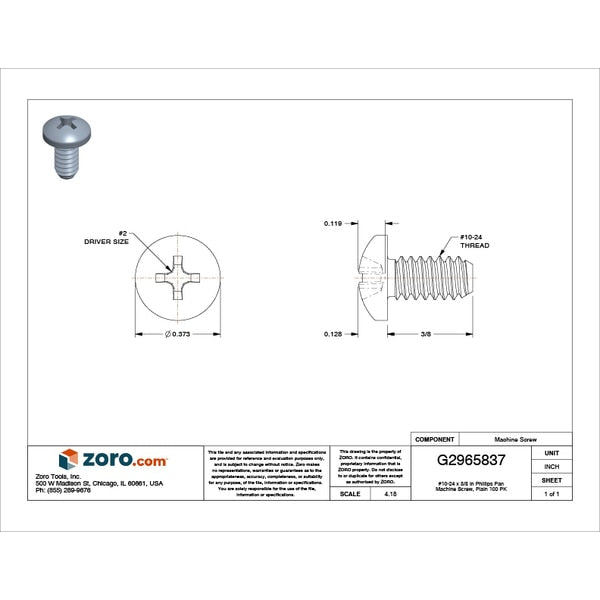 #10-24 x 3/8 in Phillips Pan Machine Screw, Plain 18-8 Stainless Steel, 100 PK