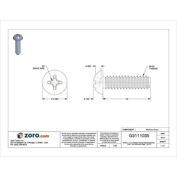 #6-32 x 1/2 in Phillips Round Machine Screw, Plain 18-8 Stainless Steel, 100 PK