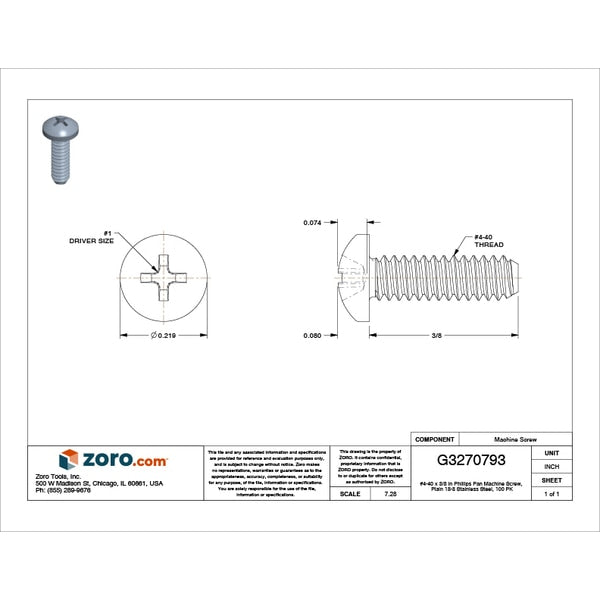 #4-40 x 3/8 in Phillips Pan Machine Screw, Plain 18-8 Stainless Steel, 100 PK