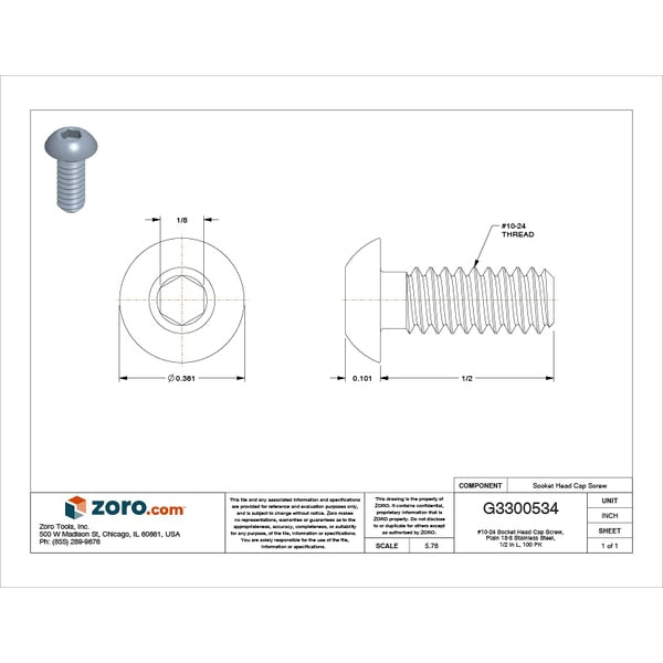 #10-24 Socket Head Cap Screw, Plain 18-8 Stainless Steel, 1/2 in Length, 100 PK