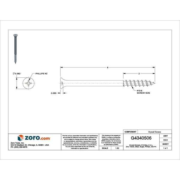 Drywall Screw, #10 x 6 in, Steel, Flat Head Phillips Drive, 500 PK