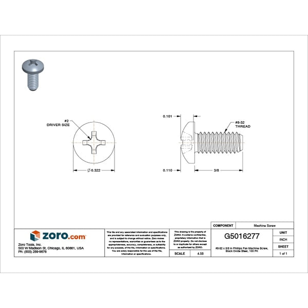 #8-32 x 3/8 in Phillips Pan Machine Screw, Black Oxide Steel, 100 PK