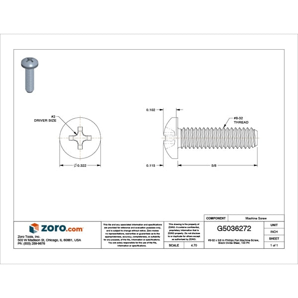 #8-32 x 5/8 in Phillips Pan Machine Screw, Black Oxide Steel, 100 PK