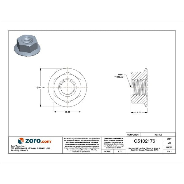 Flange Nut, M6-1.00, Steel, Not Graded, Phosphate, 16 mm Hex Wd, 6 mm Hex Ht, 25 PK