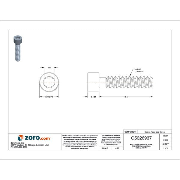 #8-32 Socket Head Cap Screw, Plain 316 Stainless Steel, 3/4 in Length, 100 PK