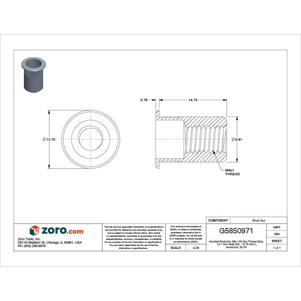 Rivet Nut, M6-1.00 Thread Size, 120.7 mm Flange Dia., 14.73 mm L, Aluminum, 25 PK