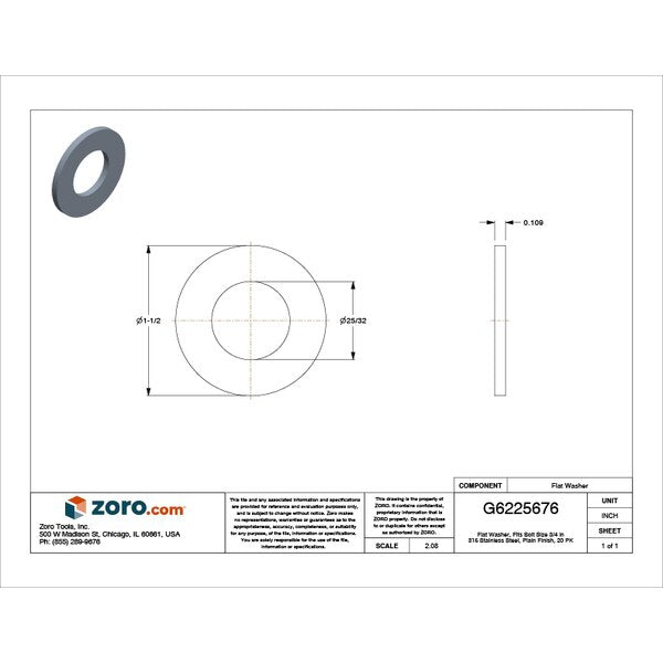 Flat Washer, Fits Bolt Size 3/4 in , Stainless Steel Plain Finish, 20 PK