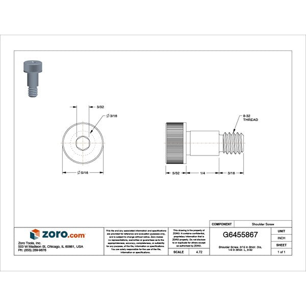 Shoulder Screw, 3A Thr Sz, 3/16 Thr Lg, 1/4 in Shoulder Lg, 316 Stainless Steel