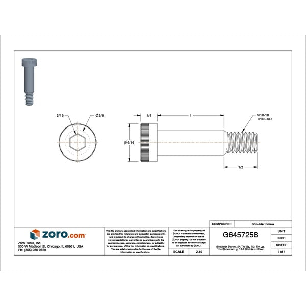 Shoulder Screw, 3A Thr Sz, 1/2 Thr Lg, 1 in Shoulder Lg, 18-8 Stainless Steel