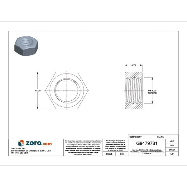 Hex Nut, M6-1.00, 18-8 Stainless Steel, Not Graded, Advanced Corrosion Resistance, 4.70 mm Ht