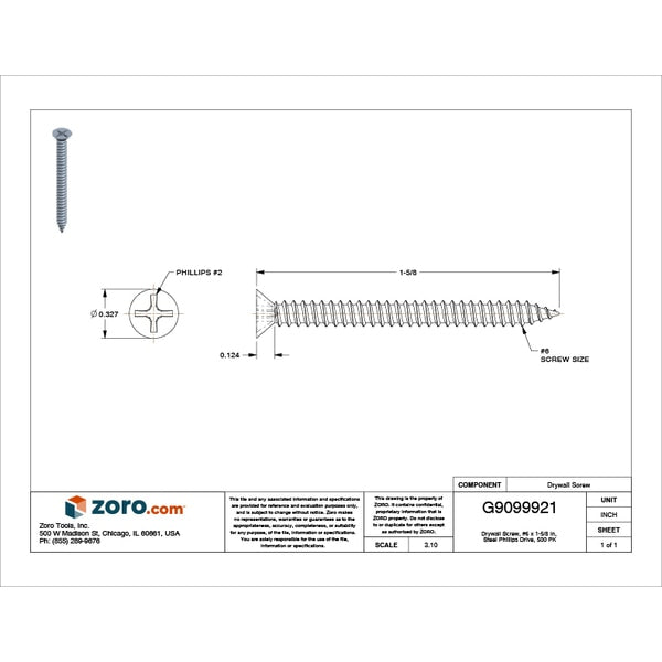 Drywall Screw, #6 x 1-5/8 in, Steel, Phillips Drive, 500 PK