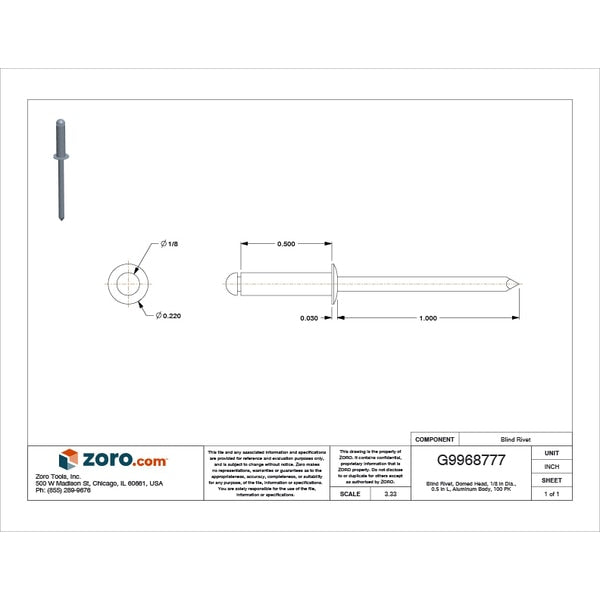 Blind Rivet, Dome Head, 1/8 in Dia., 1/2 in L, Aluminum Body, 100 PK