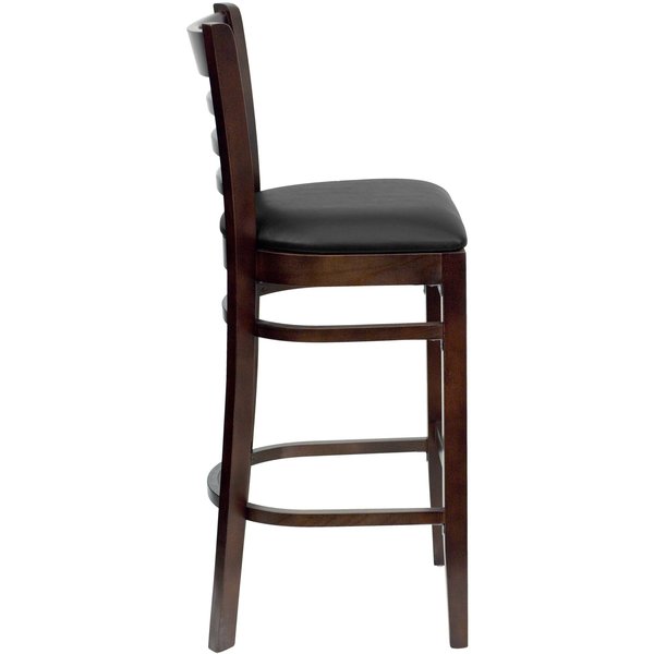 Ladder Back Walnut Wood Restaurant Barstool, Black Vinyl Seat, PK2