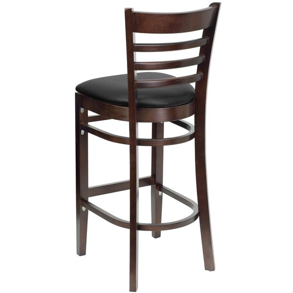 Ladder Back Walnut Wood Restaurant Barstool, Black Vinyl Seat, PK2