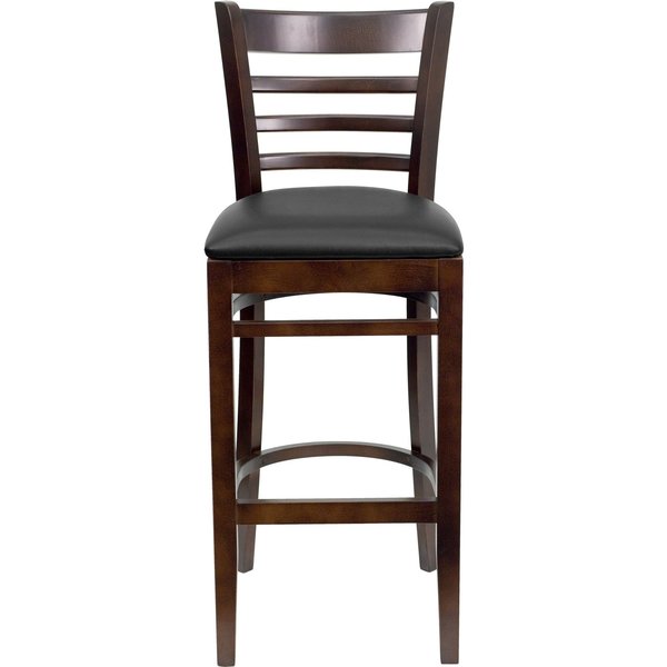 Ladder Back Walnut Wood Restaurant Barstool, Black Vinyl Seat, PK2