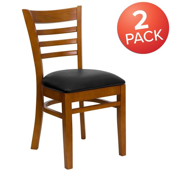 Ladder Back Cherry Wood Restaurant Chair, Black Vinyl Seat, PK2
