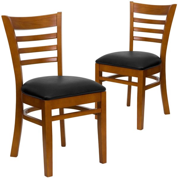 Ladder Back Cherry Wood Restaurant Chair, Black Vinyl Seat, PK2