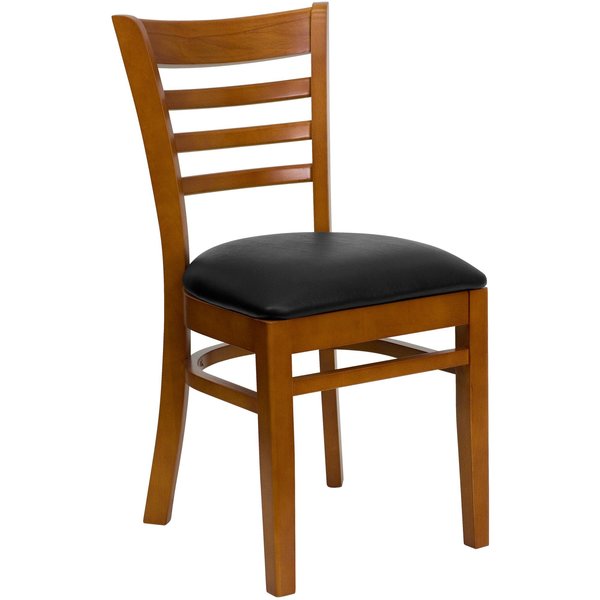 Ladder Back Cherry Wood Restaurant Chair, Black Vinyl Seat, PK2