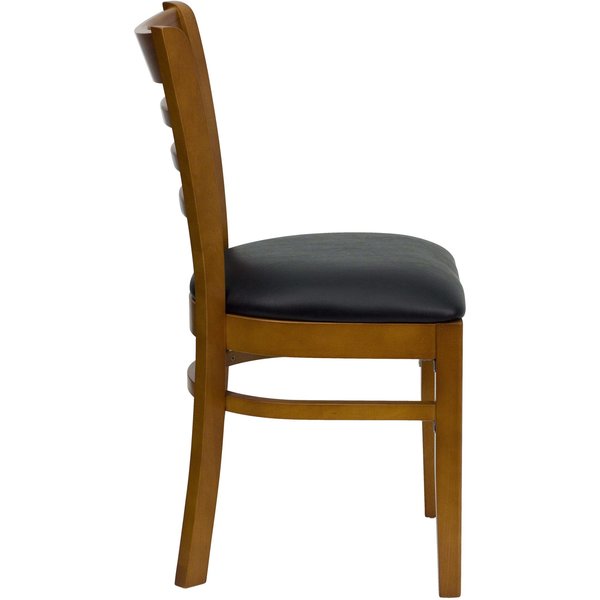 Ladder Back Cherry Wood Restaurant Chair, Black Vinyl Seat, PK2