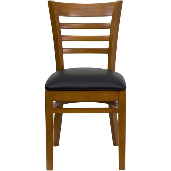 Ladder Back Cherry Wood Restaurant Chair, Black Vinyl Seat, PK2
