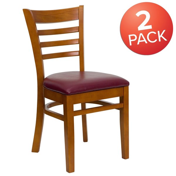 Ladder Back Cherry Wood Restaurant Chair, Burgundy Vinyl Seat, PK2