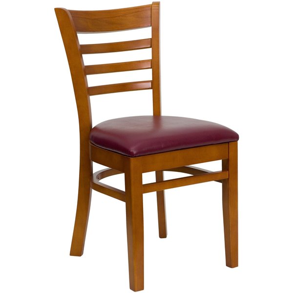 Ladder Back Cherry Wood Restaurant Chair, Burgundy Vinyl Seat, PK2