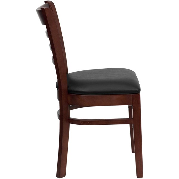 Ladder Back Mahogany Wood Restaurant Chair, Black Vinyl Seat, PK2