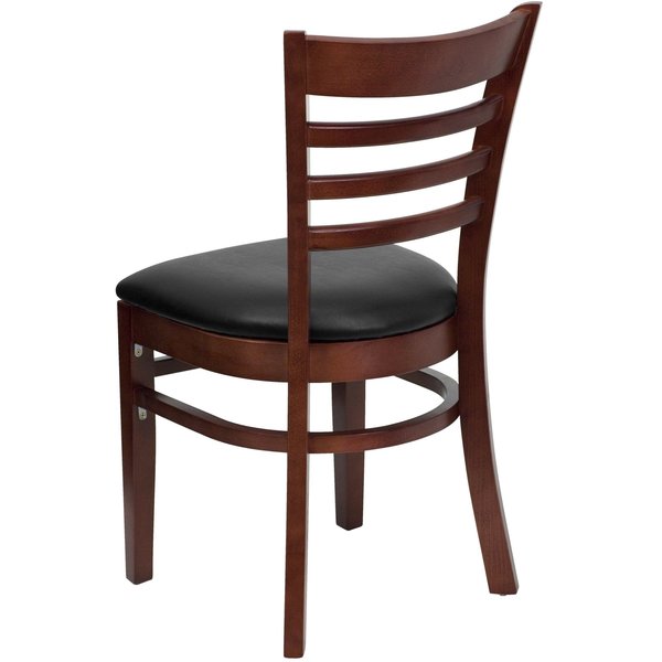 Ladder Back Mahogany Wood Restaurant Chair, Black Vinyl Seat, PK2
