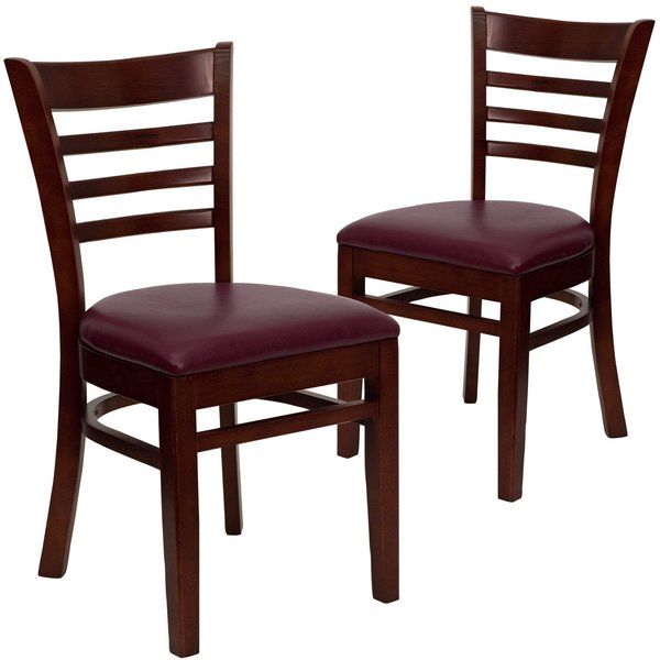 Ladder Back Mahogany Wood Restaurant Chair, Burgundy Vinyl Seat, PK2