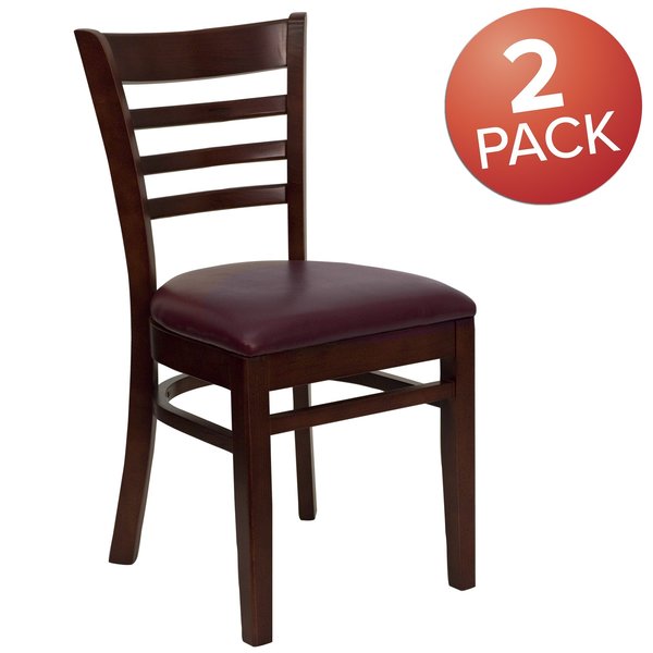 Ladder Back Mahogany Wood Restaurant Chair, Burgundy Vinyl Seat, PK2