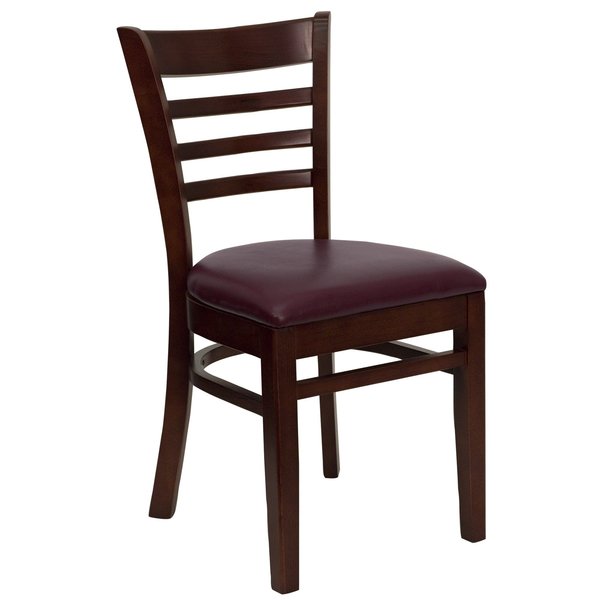 Ladder Back Mahogany Wood Restaurant Chair, Burgundy Vinyl Seat, PK2